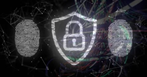 Floating distressed shield with padlock glyph centering in dark cyber network, Stock Illustration