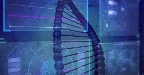 Floating DNA double helix drifting in virtual lab, with line graph on Stock Photos