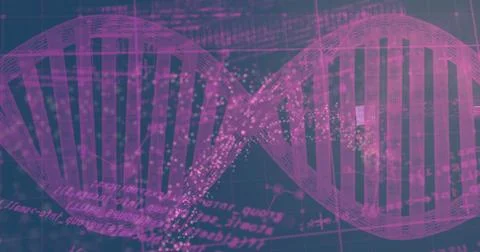 Floating DNA double helix looping across 3D data grid, with glowing clusters and イラスト素材