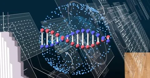 Floating DNA double helix rotating in holographic interface, with data panels, Stock Illustration