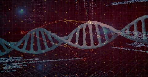 Floating DNA double helix rotating over dark grid plane, with glowing data nodes 스톡 일러스트