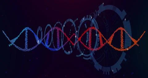 Floating DNA double helix streaming as data points in sci-fi space, with HUD Stock Illustration