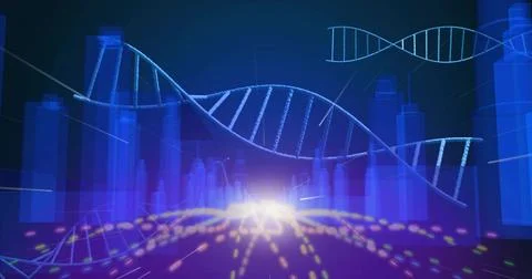 Floating DNA helix above graphs in cyberspace, data particles and light streaks イラスト素材
