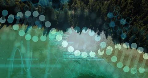 Floating DNA helix overlaying pine forest and turquoise lake, with hex patterns Illustrazione stock