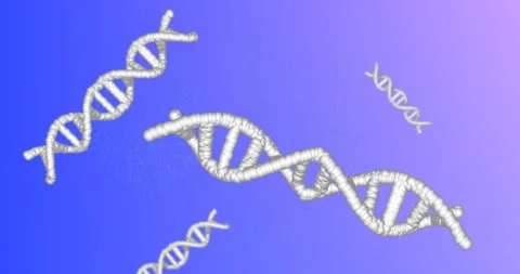 Floating DNA strands, processing scientific data on blue gradient background 스톡 동영상 303684552