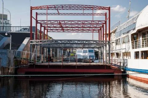Floating dock barge structure on the river Dnieper in Kyiv Stock Photos
