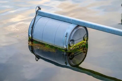 Floating dock buoy with moss and reflection. Stock Photos