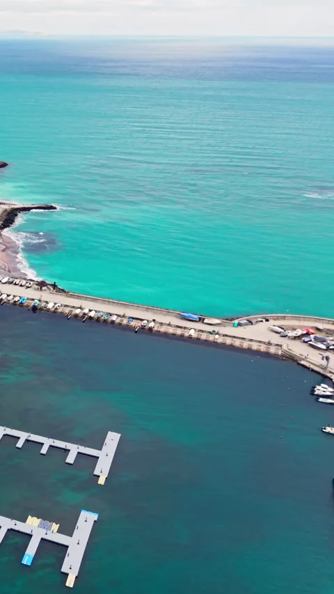 Floating dock marina on Black sea coast, Nesebar, Bulgaria Vertical video. Stock Footage 338007618