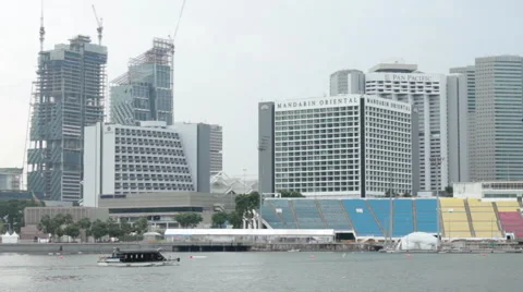 The floating dock, stadium and skyline. Marina Bay, Singapore.  Stock-Footage 57213912