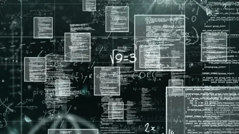 Floating documents and mathematical equations over digital data processing Stock Footage 305080595