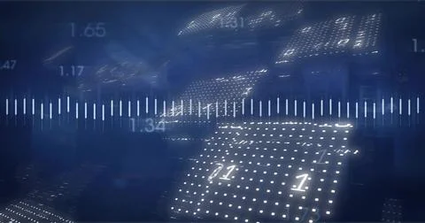 Floating dot-matrix panel showing numeric overlays in digital GUI, waveform, LED 库存插图