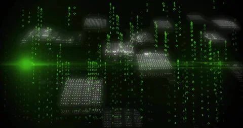 Floating dot matrix panels streaming green binary digits in virtual space, wi 스톡 사진
