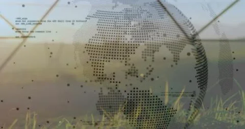 Floating dotted globe sphere blending among grass blades in grass field, with Stock Photos