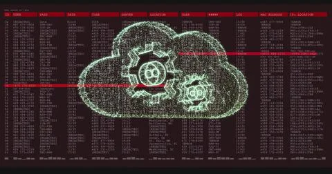 Floating dotted-line cloud icon over dark red text columns with red scan lines, Stock Illustration