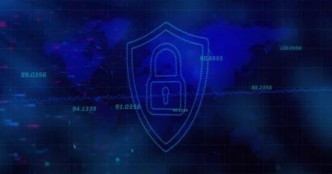 Floating dotted-line shield with padlock icon over world map grid in dashboar Stock Photos