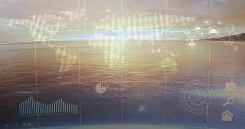 Floating dotted map overlay over ocean horizon at sunrise, with pie chart and Stock Photos