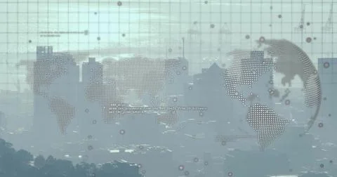 Floating dotted world map and globe overlaying hazy city skyline showing grid 写真素材