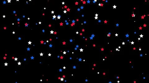 Floating down American flag colour stars isolated on black background. Stock Illustration