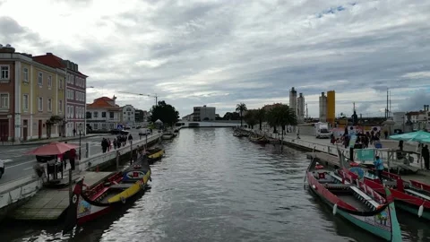 Floating down a canal in Aveiro (Venice like city with gondolas) Stock Footage 220354223