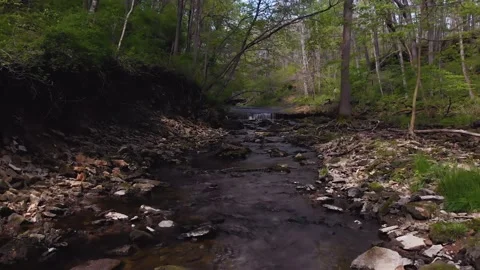 Floating down a small stream early spring 2 medium water falls Stock Footage 134950914