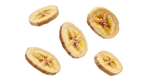 Floating dried bananas isolated on white Stock Footage 339340577