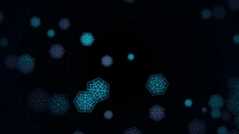 Floating Drifting Hexagonal Snowflake Shapes Glowing Cyan Indigo Stock-Footage 347972028