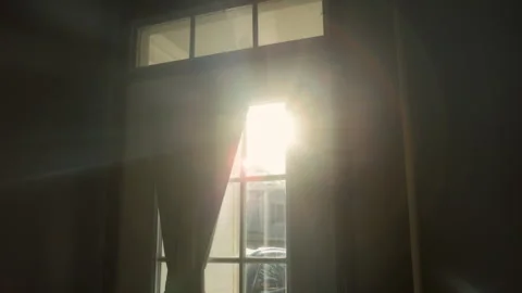 Floating Dust Particles in Air with Sun Light Beams and Rays through door Window Stock Footage 313154865