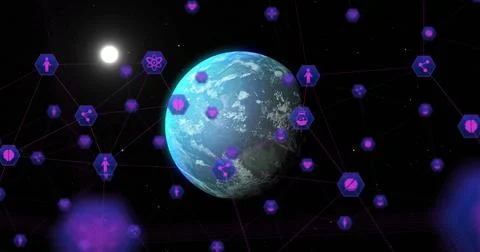 Floating Earth globe glowing in outer space, with purple hexagon healthcare Stock Photos