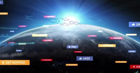 Floating Earth globe orbiting in space with sunrise flare, notification bubbles Stock Photos