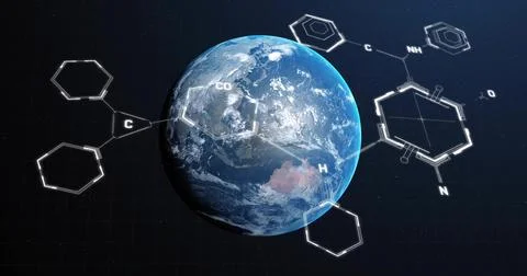 Floating Earth globe showing clouds and lands in navy grid space, with wireframe Stock Illustration