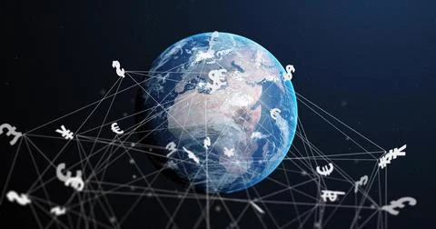 Floating Earth globe showing continents and clouds in space, with thin web Stock Illustration