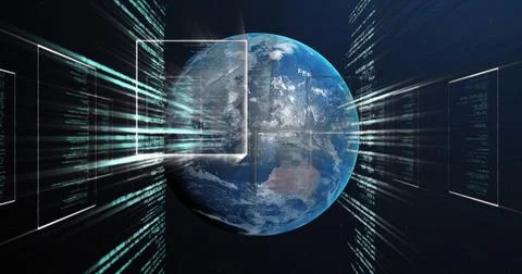 Floating Earth globe streaming green digital code in outer space, with Foto stock