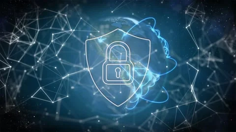 Floating Earth initiating left nodes appearing, blue ribbons coiling shield Stock Footage 318194076