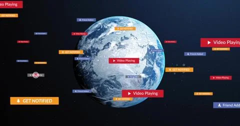 Floating Earth in space, with red playback, orange GET NOTIFIED, blue Friend 스톡 사진
