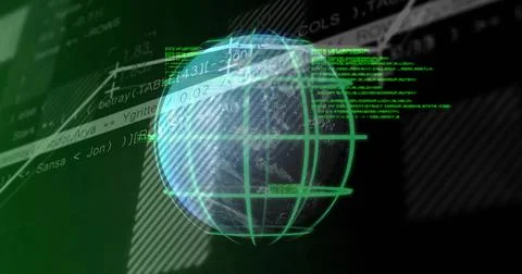 Floating Earth sphere showing green grid, flowing code and diagonal stripes on Stockfoto's