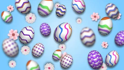 Floating Easter Eggs and Spring Flowers on Blue Background 스톡 일러스트