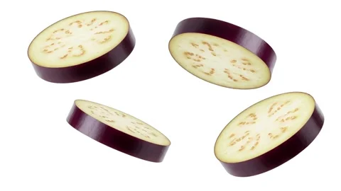 Floating eggplant slices isolated on white Stock Footage 339340594