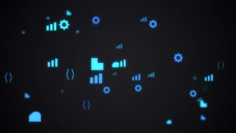 Floating Electric blue data icons folder cloud chart gear with plexus 库存影片 335186249
