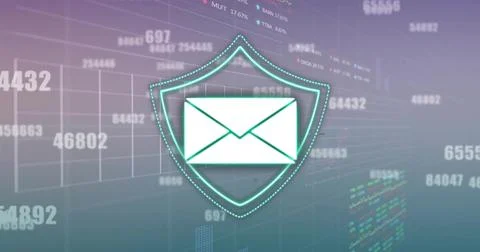 Floating envelope icon glowing in shield emblem over virtual UI showing grid Illustrazione stock