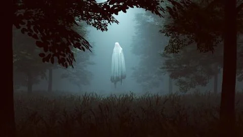 Floating Evil Spirit in a Wooded Clearing with a Beam of Light Stock Illustration