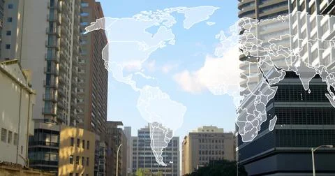 Floating faint white world map overlay hovering above downtown avenue, with Stock Illustration