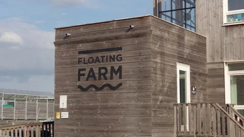 Floating Farm wooden building facade and signage in Rotterdam harbor district Vídeos de archivo 346190089