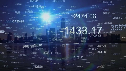 Floating Financial Numbers Over Sunset City Skyline Stock Footage 336915905