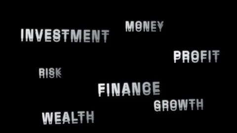 Floating financial terminology text elements on dark background Stock Footage 343881016