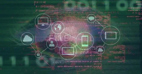Floating fingerprint and security device icons forming data mesh over dual-tone 스톡 일러스트