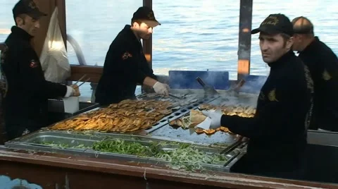 Floating fish kebab cafe kitchen on the boat in Istanbul Stock Footage 68443205