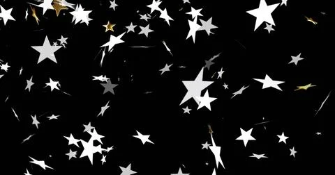 Floating five-point stars and spark fragments drifting across black backdrop, Stock Illustration