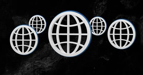 Floating five white 3D globe-grid icons centered on charcoal backdrop, showing Stock Photos