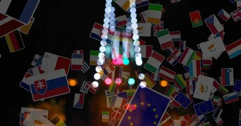 Floating flags overlapping on dark studio with vertical LED lights, showing EU Stock Illustration