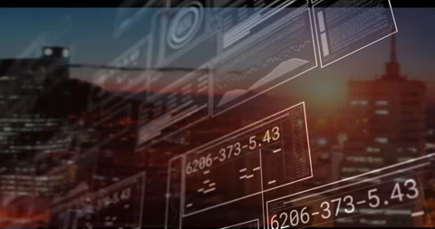 Floating flat-design digital panels displaying charts and numeric data over Stock Footage 309156213